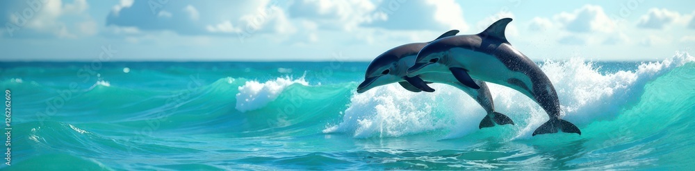 Obraz premium Dolphins leap from turquoise waves, sunlit sky , sunlight, landscape