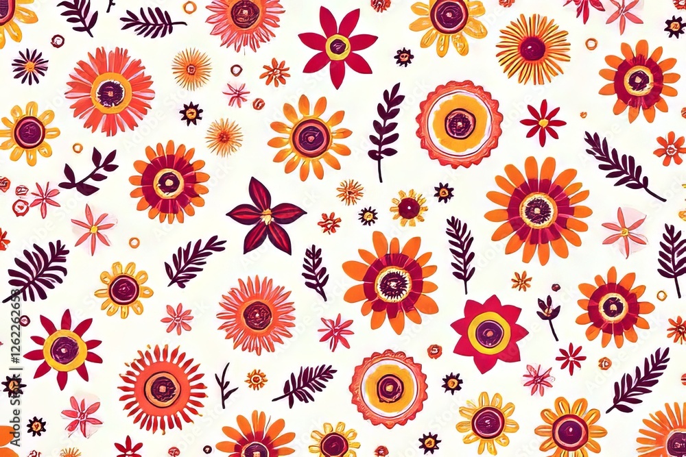 Fototapeta premium Vibrant Floral Pattern with Orange and Red Flowers on White Background