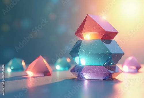 Vibrant 3D Renderings of Colorful Geode Domes in Blurred Bokeh Background. A group of brightly colored glass pyramids sitting on top of a table. photo