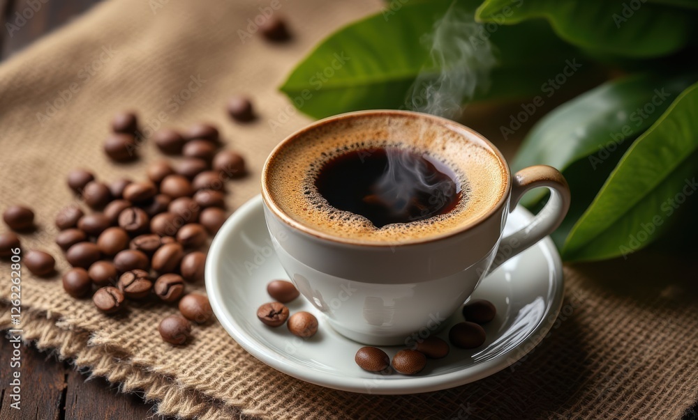Steaming coffee cup with beans nearby Steaming coffee cup with beans nearby