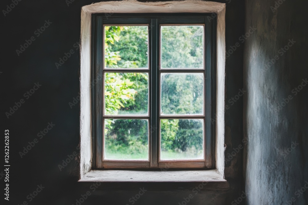 Window framed with stone walls showing greenery outside Window framed with stone walls showing greenery outside