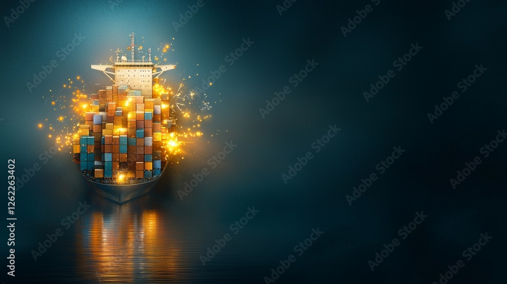 Fototapeta premium Navigating global trade cargo ship loaded with colorful containers open waters digital artwork serene environment aerial perspective economic impact