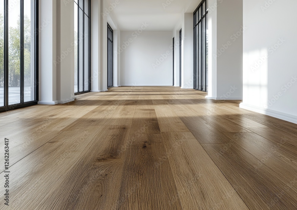 Sunlit hardwood floor in empty modern hallway Sunlit hardwood floor in empty modern hallway