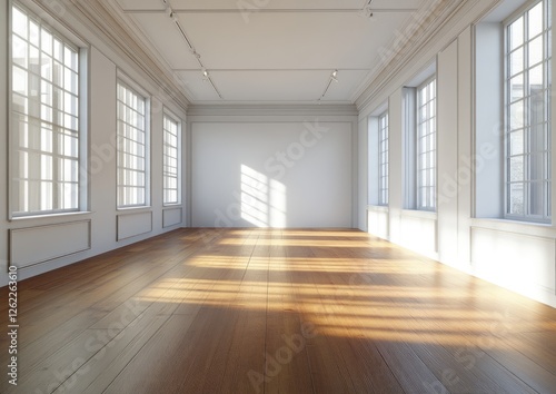 Sunlit empty room, hardwood floor, classic windows, interior design photo