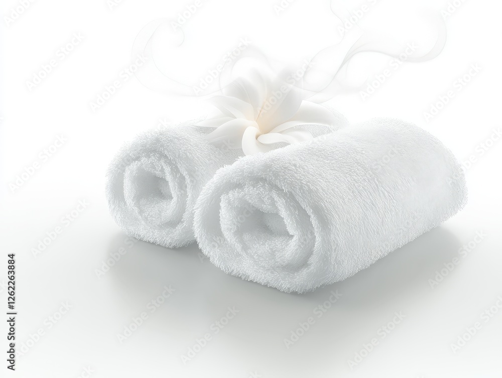 Luxurious spa rolled white towels with soft steaming vapor, set against a minimalist white background, highlighting tranquility and spa culture perfection Luxurious spa rolled white towels with soft steaming vapor, set against a minimalist white background, highlighting tranquility and spa culture perfection