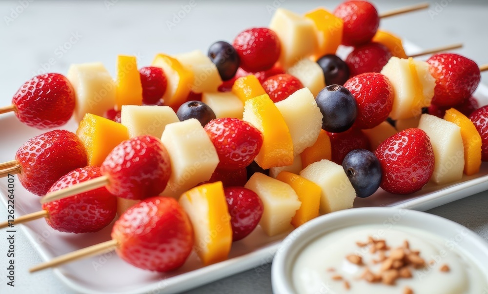 Colorful fruit skewers with yogurt dip Colorful fruit skewers with yogurt dip