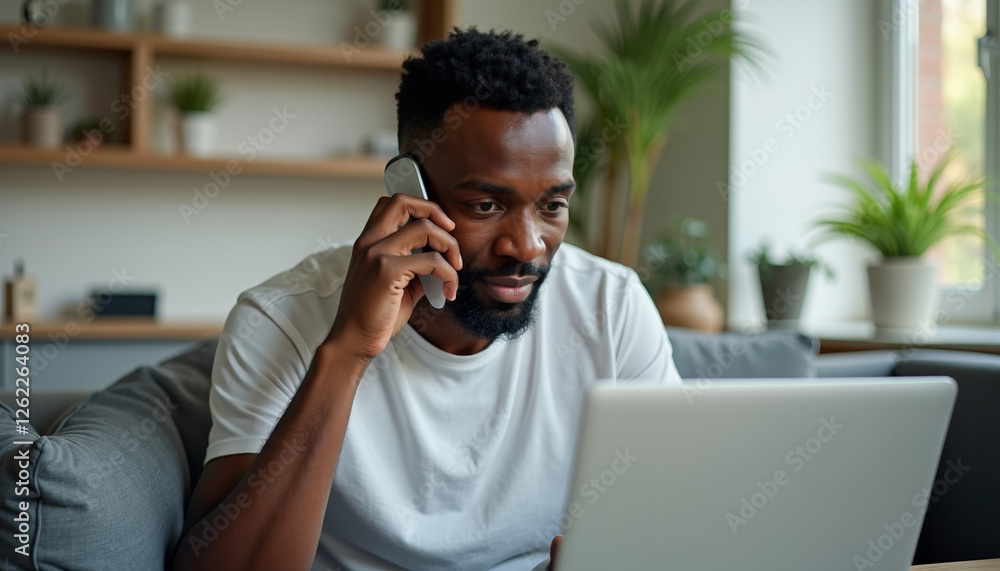 Man Working From Home on Laptop and Phone Man Working From Home on Laptop and Phone