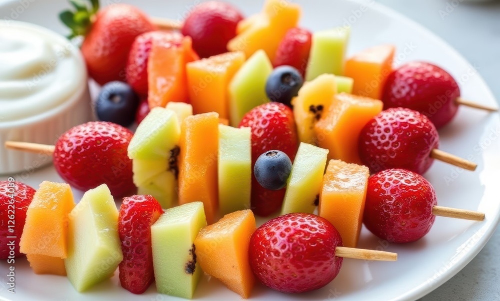 Colorful fruit skewers on a plate Colorful fruit skewers on a plate