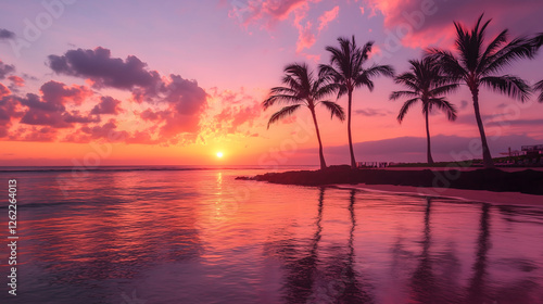 Breathtaking sunset over tranquil beach with palm trees silhouetted against vibrant pink and orange skies, reflecting on calm water