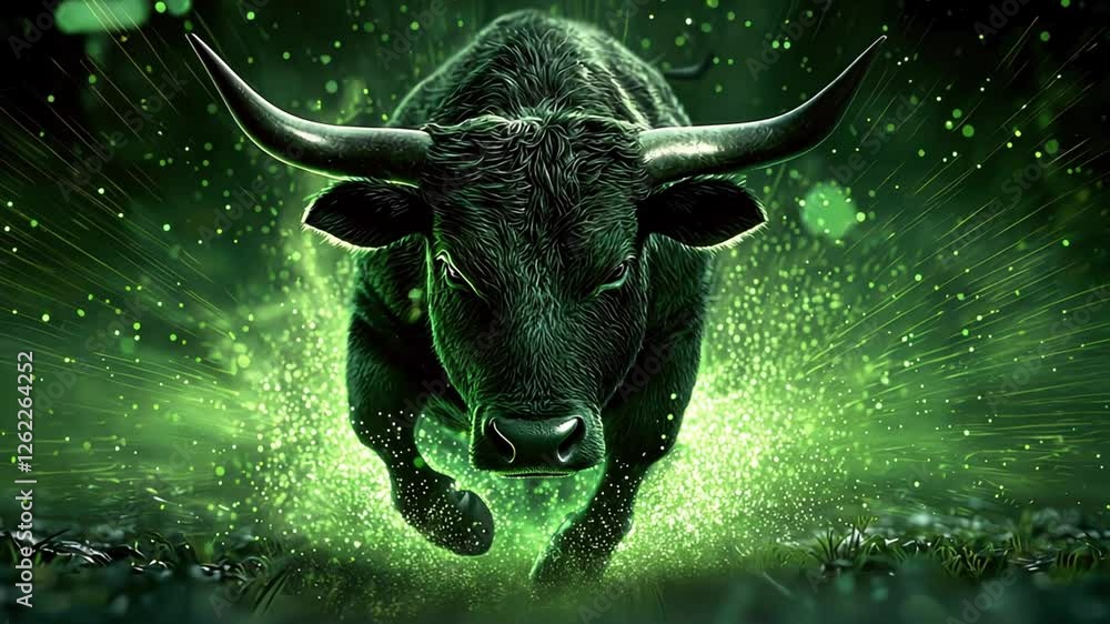 Dynamic bull charging through a vibrant green explosion