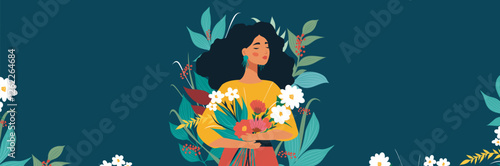Women's Day. Woman as a symbol of feminism, freedom and equality. Vector illustration with space for text, woman holding a bouquet of flowers. Background of plants and leaves