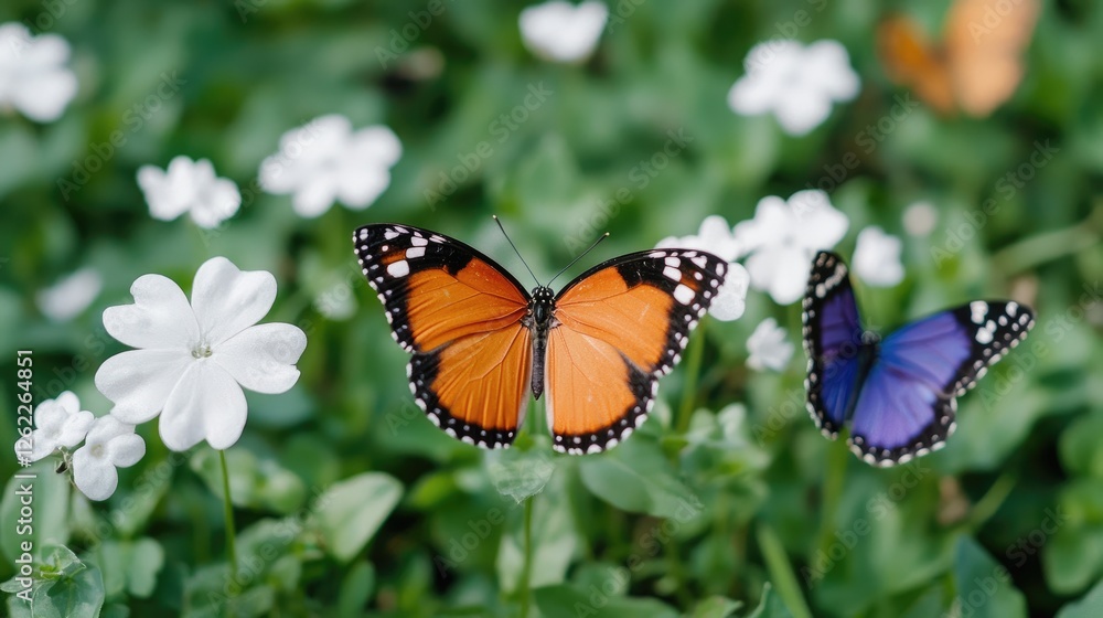 Fototapeta premium Orange and blue butterflies on white flowers. Spring garden background. Nature scene for website or print