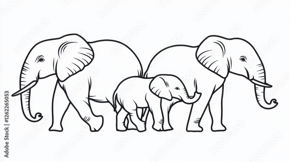 Fototapeta premium Three Elephants Walking Together in a Simple Line Drawing Style