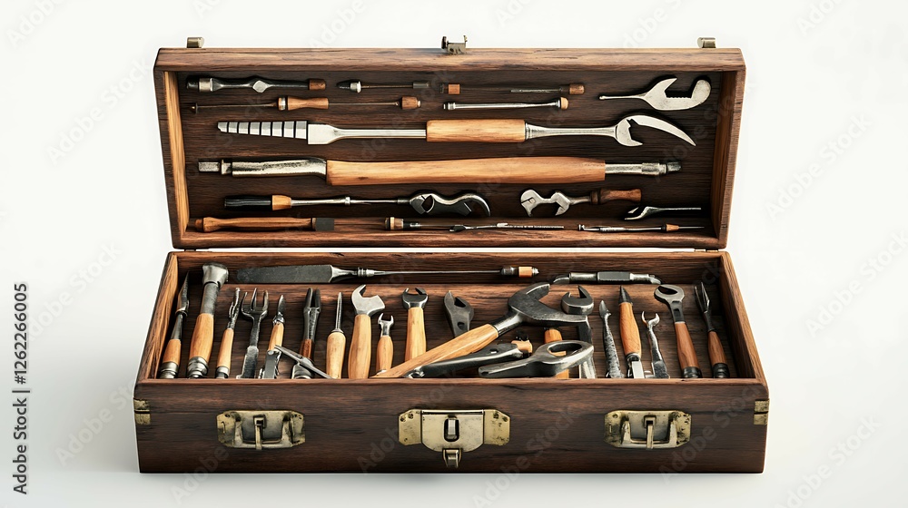Old tools in a wooden box on a white background. Old tools in a wooden box on a white background.