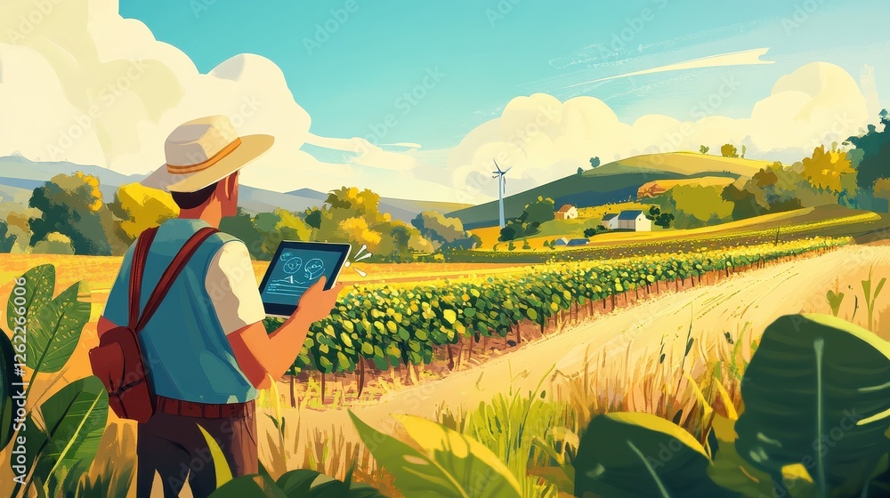 Fototapeta premium Modern Farmer Using Technology in Sustainable Vineyard Landscape