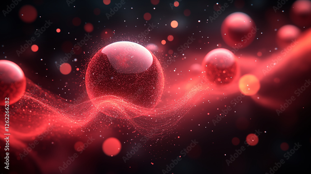 Red glowing spheres floating in dark space with particle effects, representing abstract molecular or cosmic visualization concept Red glowing spheres floating in dark space with particle effects, representing abstract molecular or cosmic visualization concept