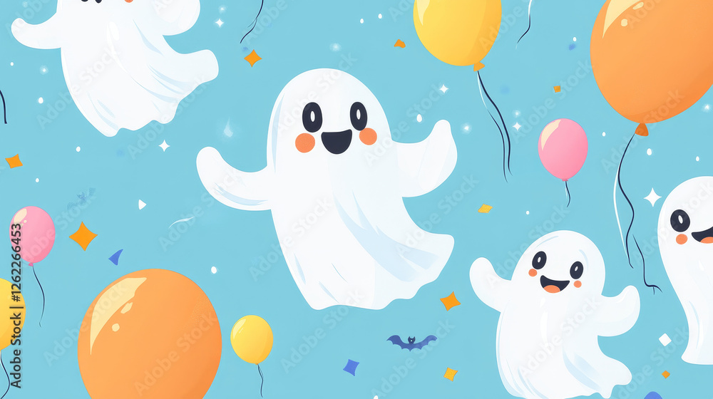 Cartoon cute Halloween kawaii ghost characters seamless pattern for holiday, vector background. Happy Halloween and trick or treat party pattern background with funny boo ghost vampire with balloons Cartoon cute Halloween kawaii ghost characters seamless pattern for holiday, vector background. Happy Halloween and trick or treat party pattern background with funny boo ghost vampire with balloons