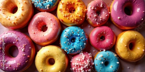 A dozen colorful artisan donuts, overhead shot, pastry, sweet confectionery