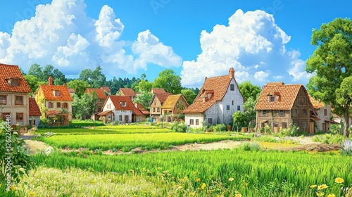 Wallpaper Mural Sunny Cartoon Village Scene in Fields Torontodigital.ca