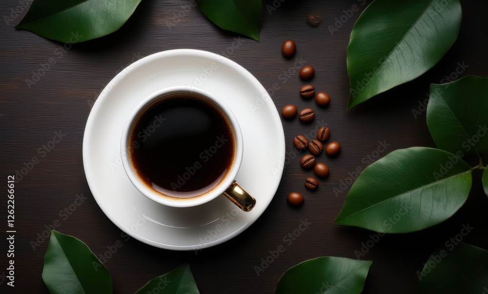 Coffee cup surrounded by green leaves Coffee cup surrounded by green leaves