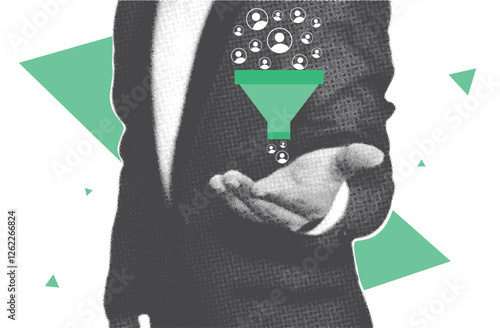 Business leads generating concept with green shape floating over the hand gesture, halftone retro style background. Editable vector leads, business, marketing, strategy