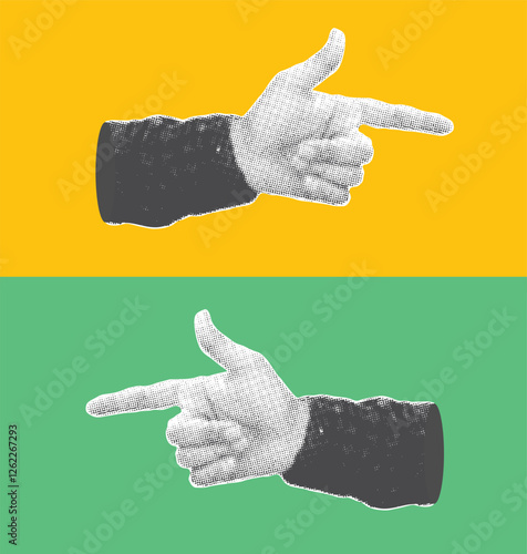 Hand Gestures pointing in Left and Right direction with yellow and green backdrop, retro style halftone vector of hands. Isolated hand gestures.