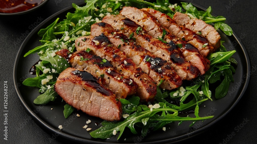 Grilled meat slices served on a bed of greens, garnished and presented on a black plate. Grilled meat slices served on a bed of greens, garnished and presented on a black plate.