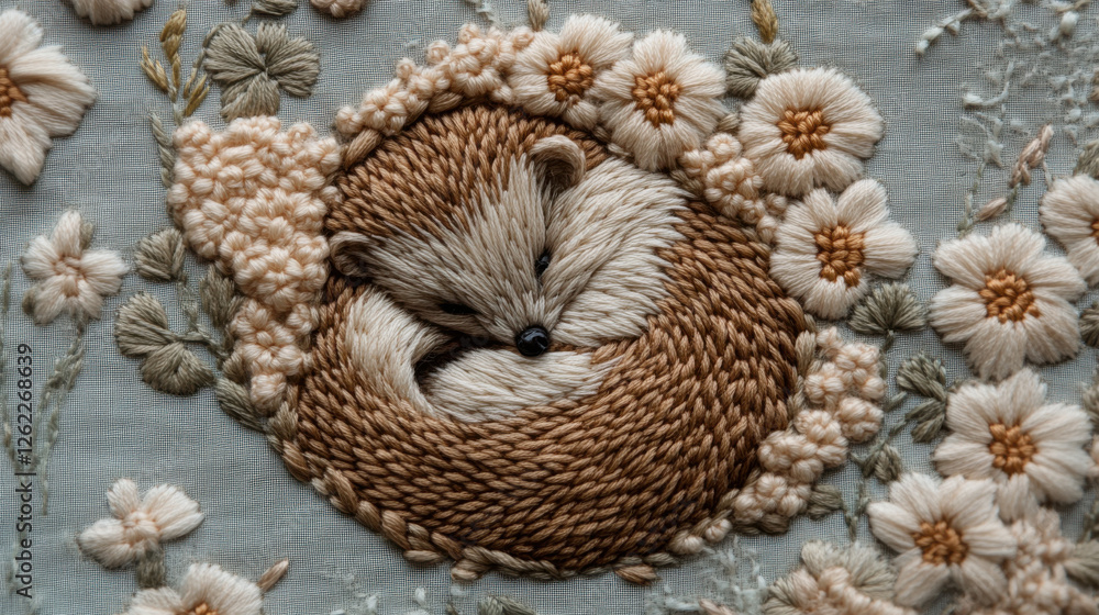 An exquisitely detailed embroidery of a tiny hedgehog curled up on a bed of embroidered clover leaves, its quills carefully stitched with a mix of warm browns and creams An exquisitely detailed embroidery of a tiny hedgehog curled up on a bed of embroidered clover leaves, its quills carefully stitched with a mix of warm browns and creams