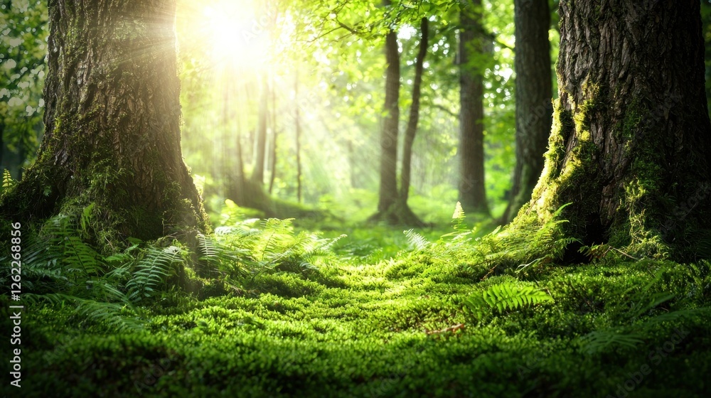 Obraz premium Sunlit Forest Path: Tranquil Mossy Green Haven