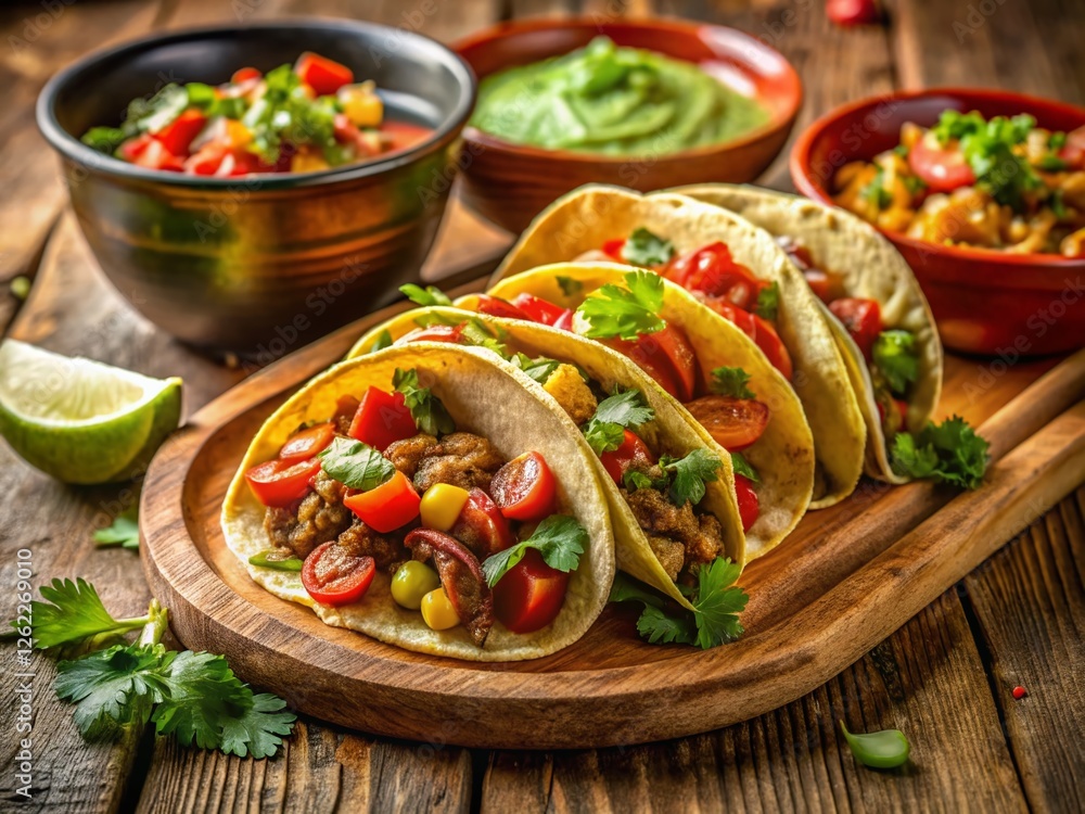 Delicious Mexican Taco Platter with Guacamole and Salsa Dip - High-Resolution Stock Photo Delicious Mexican Taco Platter with Guacamole and Salsa Dip - High-Resolution Stock Photo