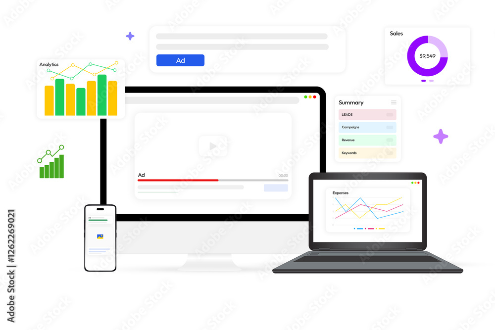 Digital marketing online concept on all devices including smartphone with hovering and floating shapes. Conversions, ads, video ad, advertisement, digital, seo, advertising concept Digital marketing online concept on all devices including smartphone with hovering and floating shapes. Conversions, ads, video ad, advertisement, digital, seo, advertising concept