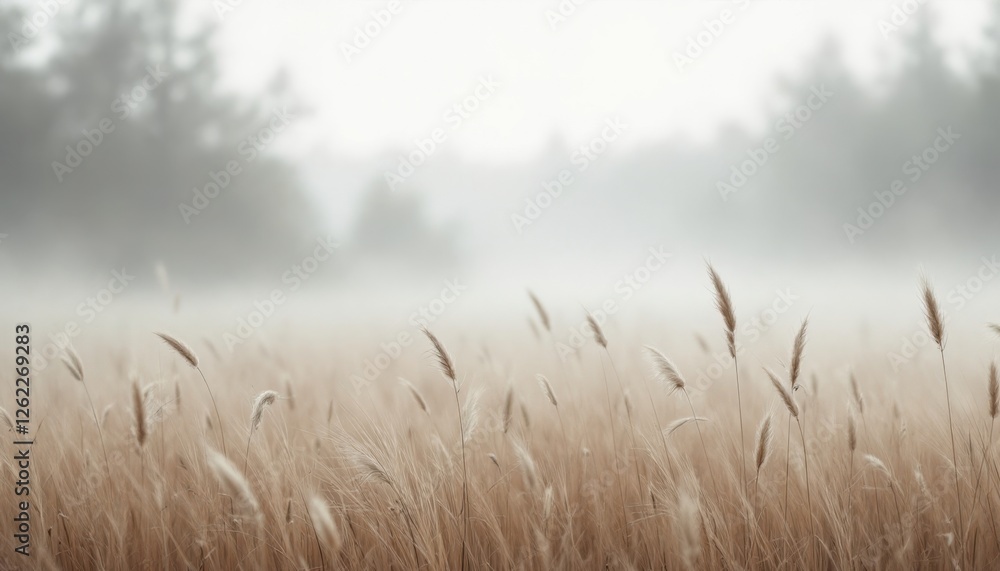 Serene misty field with golden grass stalks in tranquil, overcast landscape Serene misty field with golden grass stalks in tranquil, overcast landscape