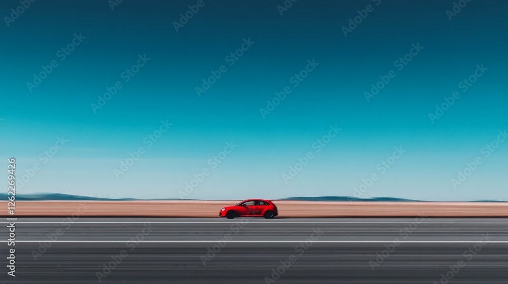 Red car driving on highway, clear sky, desert landscape, motion blur, travel
