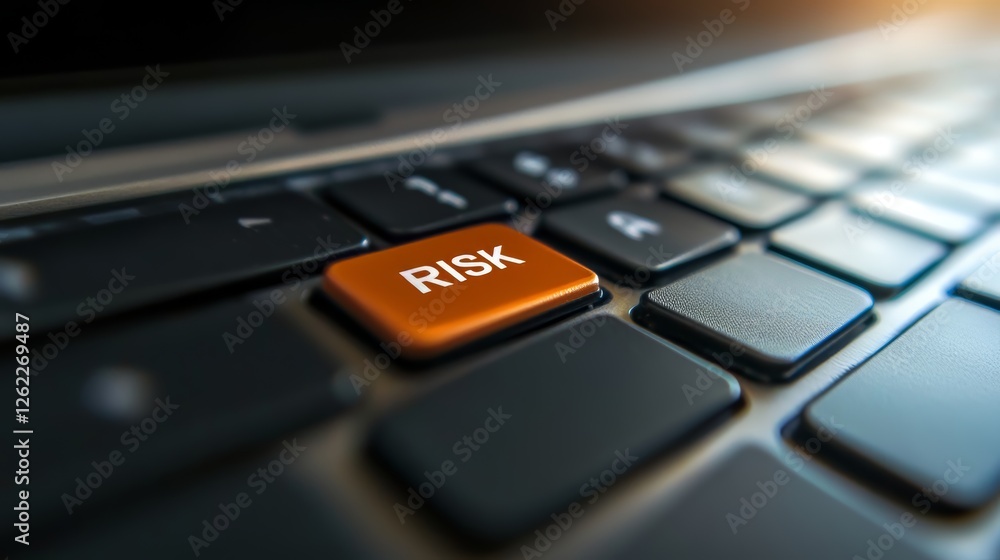 Close-Up View of Keyboard Highlighting Risk Concept with Orange Button Focus Close-Up View of Keyboard Highlighting Risk Concept with Orange Button Focus