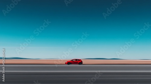 Obraz na płótnie Red car driving on highway, clear sky, desert landscape, motion blur, travel w salonie
