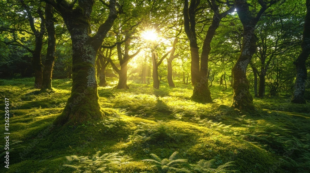 Fototapeta premium Sunlit Forest: A Tranquil Green Haven