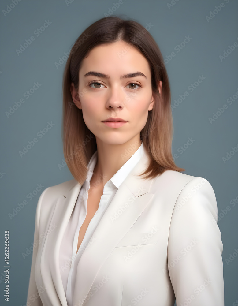 Confident young British woman in a tailored business suit, with a welcoming expression Confident young British woman in a tailored business suit, with a welcoming expression