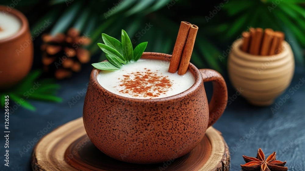 Refreshing Upscale Beverage with Cinnamon and Exotic Spices in a Rustic Setting Surrounded by Greenery and Natural Elements Refreshing Upscale Beverage with Cinnamon and Exotic Spices in a Rustic Setting Surrounded by Greenery and Natural Elements