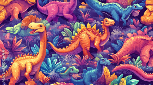 Cartoon dinosaur reptile animal characters seamless pattern, vector kids dino background. Cute jurassic dinosaur lizards and funny prehistoric extinct dino pattern of stegosaurus and brachiosaurus photo