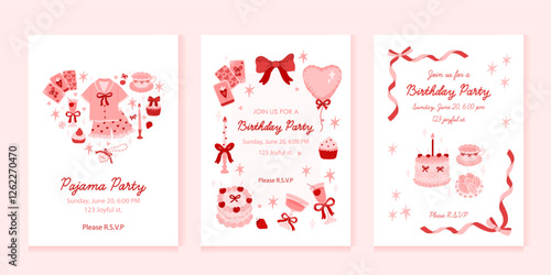 Colorful collection of 3 vertical cards or backgrounds with sample text and whimsical elements. Invitation templates for Pajama party, Birthday, wedding. Coquette aesthetic. Vector flat illustration