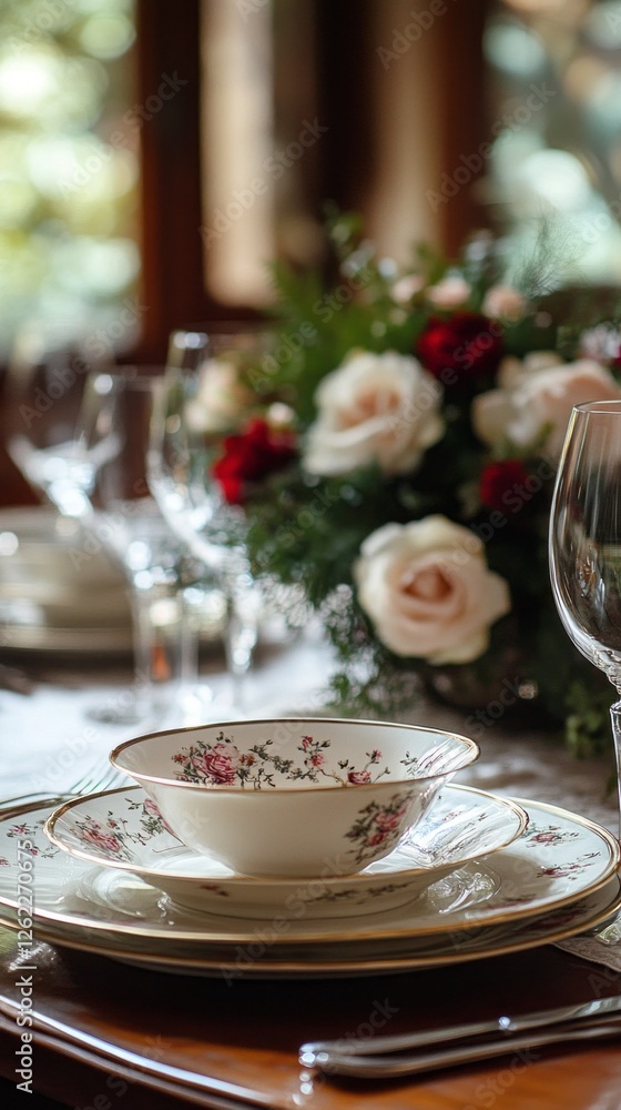 This dining table features exquisite china and rich linens, perfectly set for a delightful meal. A stunning floral centerpiece adds an elegant touch to the inviting atmosphere This dining table features exquisite china and rich linens, perfectly set for a delightful meal. A stunning floral centerpiece adds an elegant touch to the inviting atmosphere