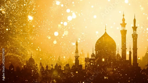 Mosque silhouette golden lights, Ramadan background. Shadow Mosques Dome on twilight gradient black and gold background. for eid al-fitr, arabic, Eid al-adha, new year muharram. Ramadan kareem religio