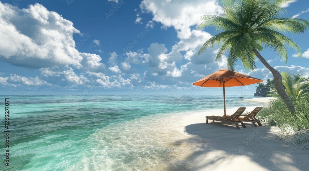 Tropical beach paradise lounge chairs, umbrella, ocean view, sunny sky, travel Tropical beach paradise lounge chairs, umbrella, ocean view, sunny sky, travel