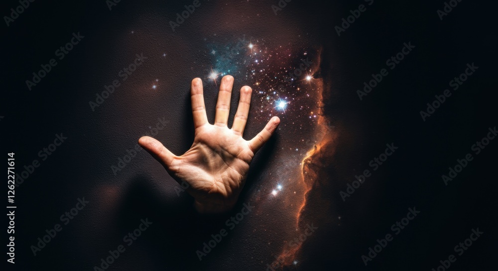 Hand reaching into cosmic space with stars and nebulae Hand reaching into cosmic space with stars and nebulae