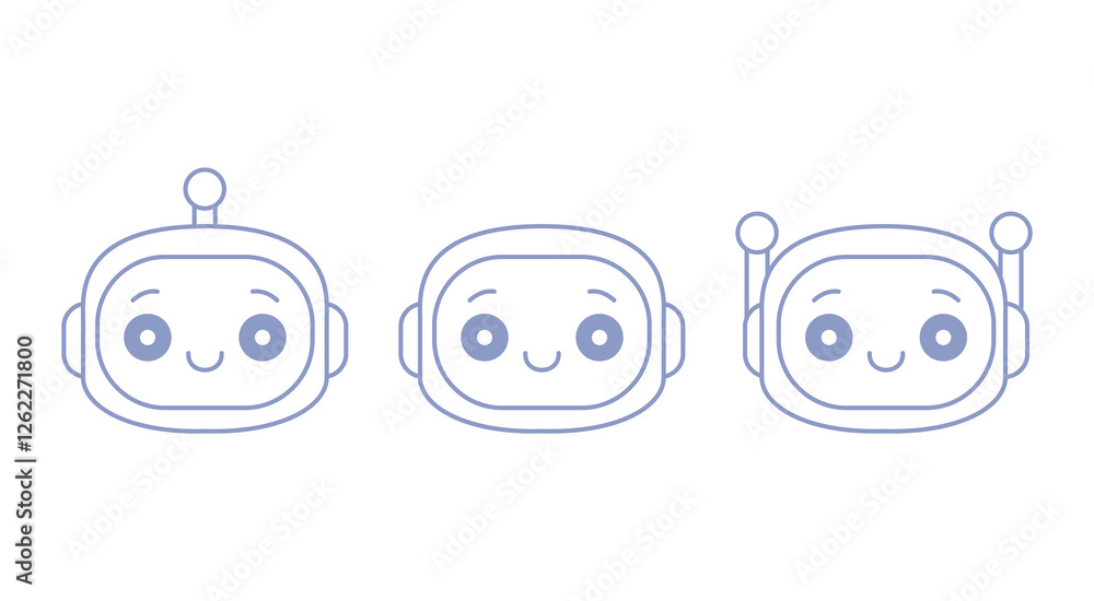Fototapeta premium Ai chat bot icon set, chatbot smiling outline heads set, artificial intelligence bots, cute online robot in cartoon style, vector illustration.