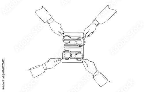 Continuous one line drawing of hands of auditors using magnifiers to examine company document, internal audit team concept, single line art