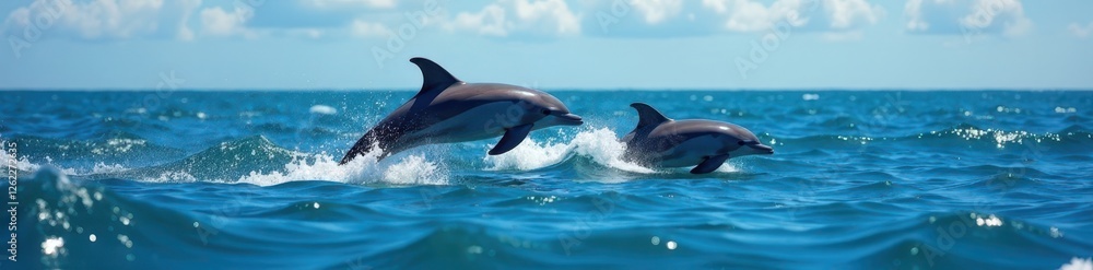 Fototapeta premium Dolphins arc gracefully out of ocean, sleek bodies glistening , water, animal behavior