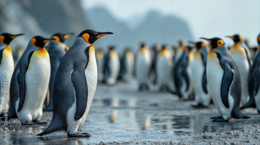 Fototapeta premium A group of penguins is standing on the ice. One of the penguins is confronting the other penguins.