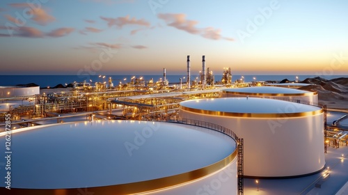A vast industrial landscape featuring large storage tanks and refinery structures, illuminated by sunset, emphasizing energy production.