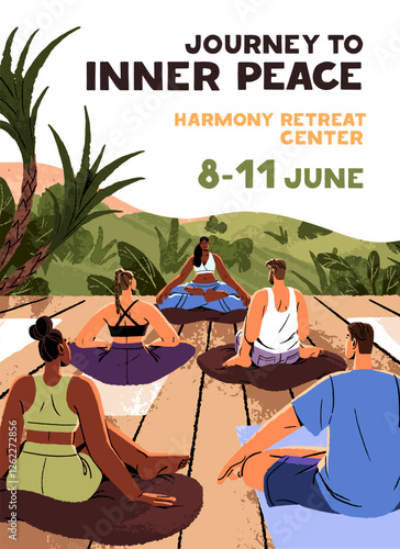 Design of group meditation event poster. Template of yoga lesson outdoors advertising. Promotion of mental practices in lotus pose, zen asana. Retreat class at nature. Flat vector illustration